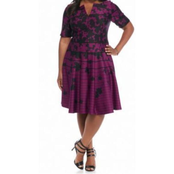Size 8 Purple Black Floral Striped Scuba Fit Flare Mini Dress Work Knee Length - Picture 1 of 12